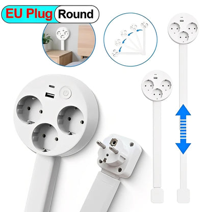 EU Electrical Wall Plug Rotates Electrical Outlet Extender Adjustable Length Power Outlets Extender Power Socket For Nightstand