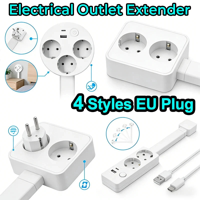 EU Electrical Wall Plug Rotates Electrical Outlet Extender Adjustable Length Power Outlets Extender Power Socket For Nightstand